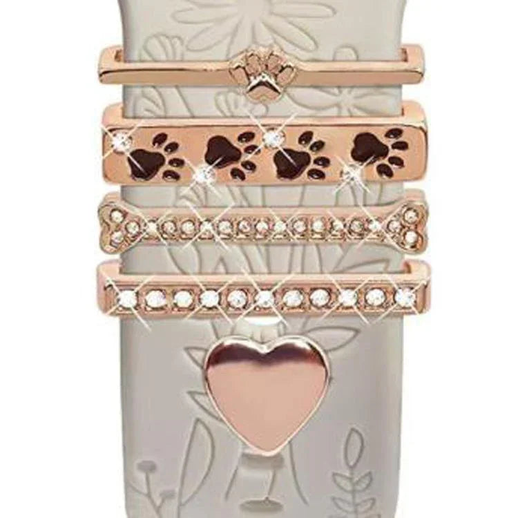 Lot de 5 bracelets en silicone pour montre connectée (largeur 20 mm), avec anneaux décoratifs en métal : or 1, argent 2, or rose 3, or rose 4, argent 5, or rose 6, or 7, or rose 8, or 9