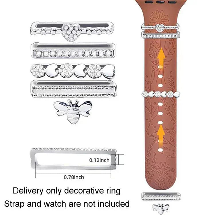 Lot de 5 bracelets en silicone pour montre connectée (largeur 20 mm), avec anneaux décoratifs en métal : or 1, argent 2, or rose 3, or rose 4, argent 5, or rose 6, or 7, or rose 8, or 9