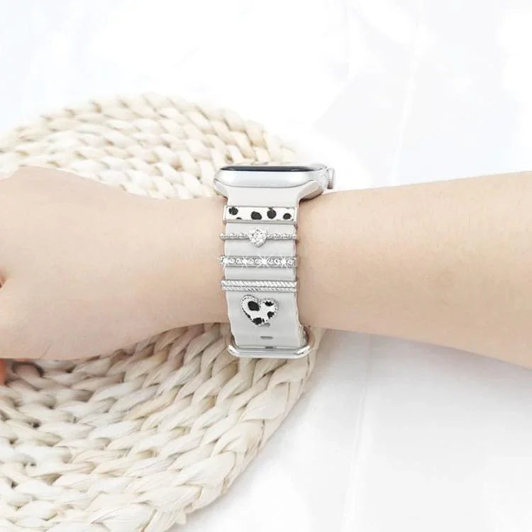 Lot de 5 bracelets en silicone pour montre connectée (largeur 20 mm), avec anneaux décoratifs en métal : or 1, argent 2, or rose 3, or rose 4, argent 5, or rose 6, or 7, or rose 8, or 9