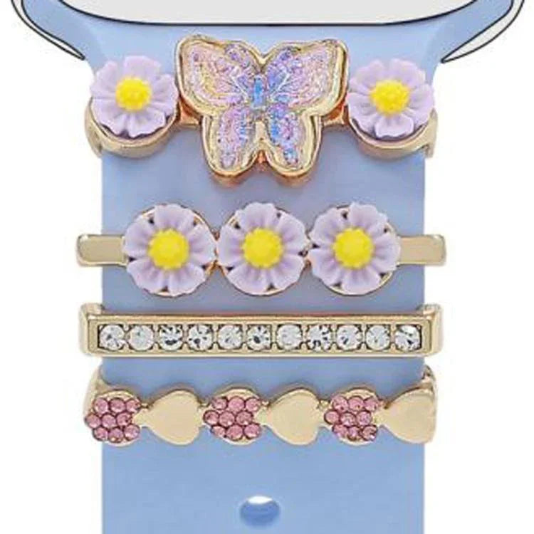 Ensemble de 4 bracelets décoratifs en métal pour montre connectée, motif papillon et fleur, largeur 22 mm, références 1, 2, 3 et 4.