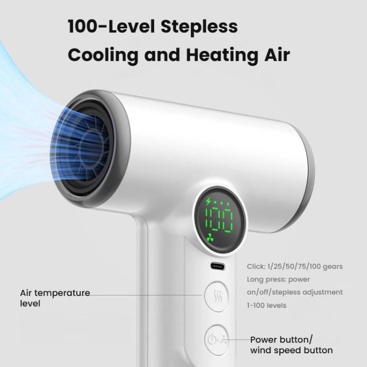 Sèche-cheveux sans fil avec moteur haute vitesse de 30 000 tr/min, air froid/chaud réglable sur 100 niveaux, batterie longue durée de 15 600 mAh