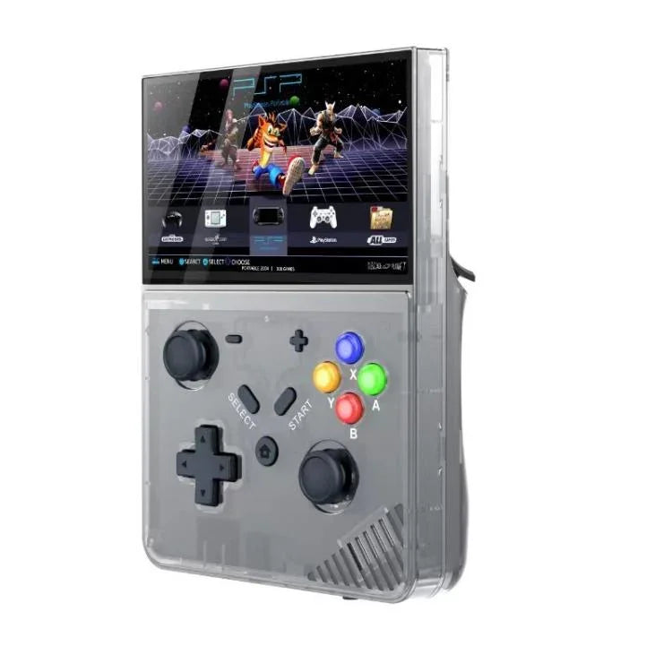 Console de jeu portable R43 Pro, écran 4K HD de 4,3 pouces, disponible en noir translucide 64 Go, gris 64 Go, noir translucide 128 Go et gris 128 Go.