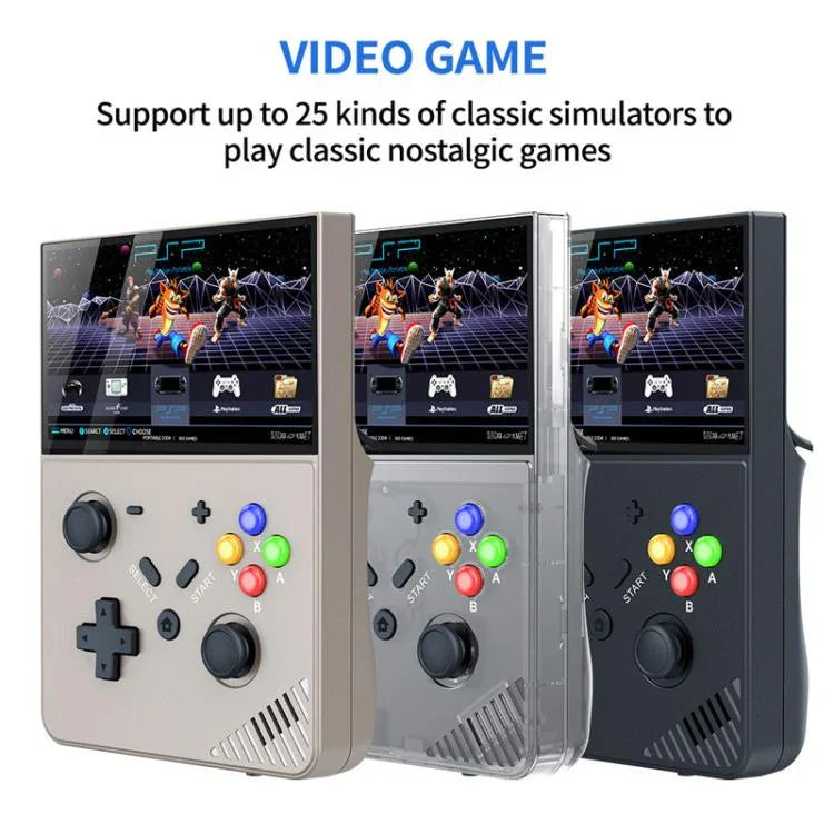 Console de jeu portable R43 Pro, écran 4K HD de 4,3 pouces, disponible en noir translucide 64 Go, gris 64 Go, noir translucide 128 Go et gris 128 Go.