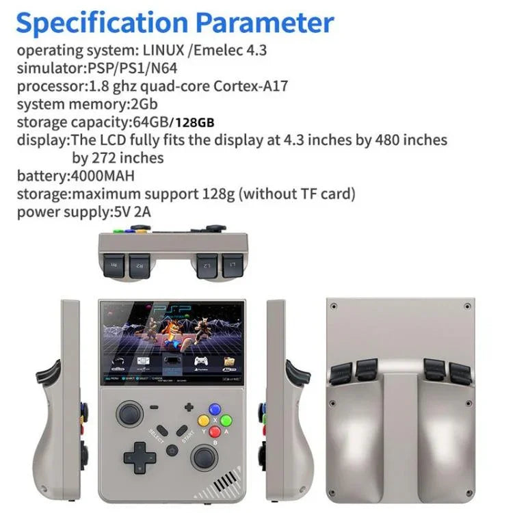 Console de jeu portable R43 Pro, écran 4K HD de 4,3 pouces, disponible en noir translucide 64 Go, gris 64 Go, noir translucide 128 Go et gris 128 Go.
