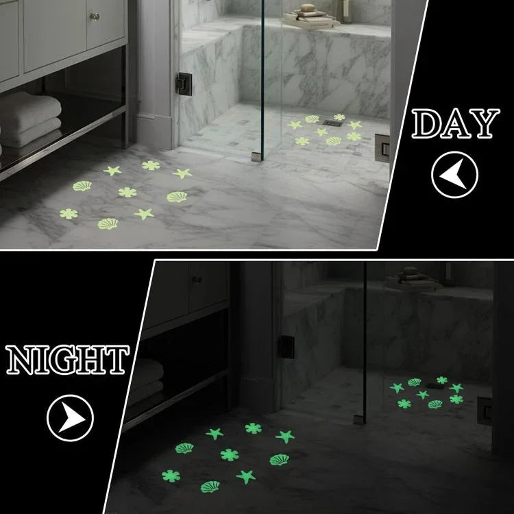 12 pcs / paquet Autocollants antidérapants phosphorescents en PEVA pour salle de bain, escaliers, sol, bande 2x20cm, bande 2x38cm, forme S 1.3x18cm, rond 8cm, rond 10cm, fleur 8cm, fleur 10cm, coquillage