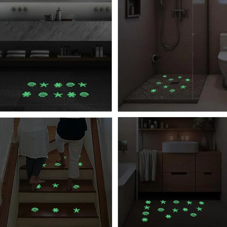 12 pcs / paquet Autocollants antidérapants phosphorescents en PEVA pour salle de bain, escaliers, sol, bande 2x20cm, bande 2x38cm, forme S 1.3x18cm, rond 8cm, rond 10cm, fleur 8cm, fleur 10cm, coquillage