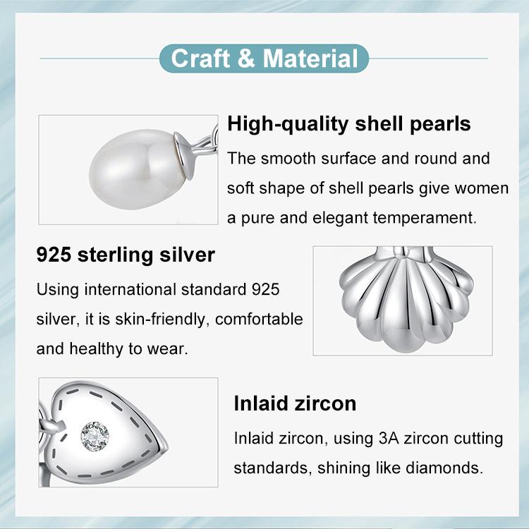Bracelet trois-en-un en argent sterling S925, perles et pendentif coquillage