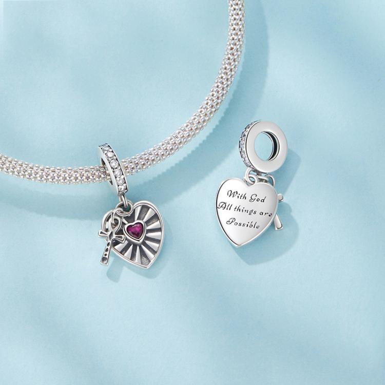 Perles de bracelet pendentif creux en forme de cœur avec croix en argent sterling S925