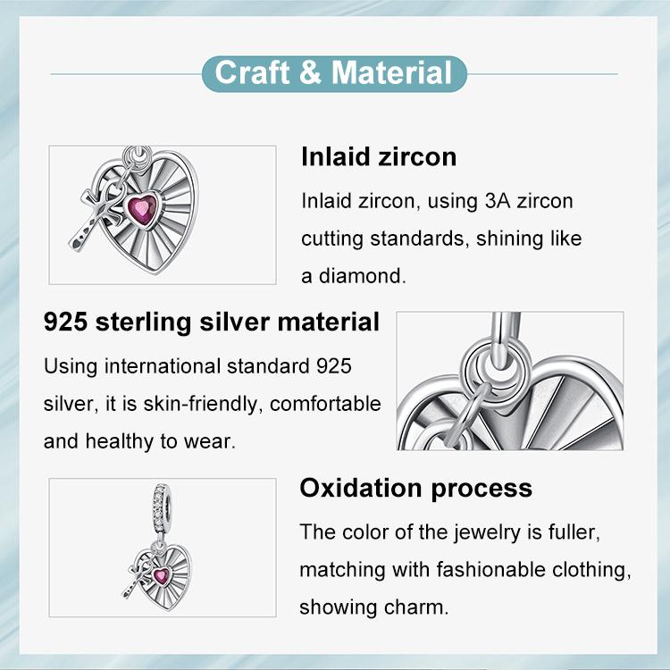Perles de bracelet pendentif creux en forme de cœur avec croix en argent sterling S925