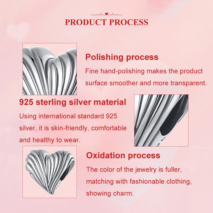 Perles de bracelet en argent sterling S925 oxydé en forme de cœur