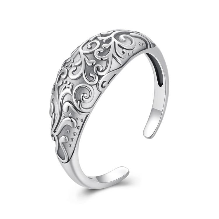 Bague ouverte ajustable en argent sterling 925 oxydé à motif rétro