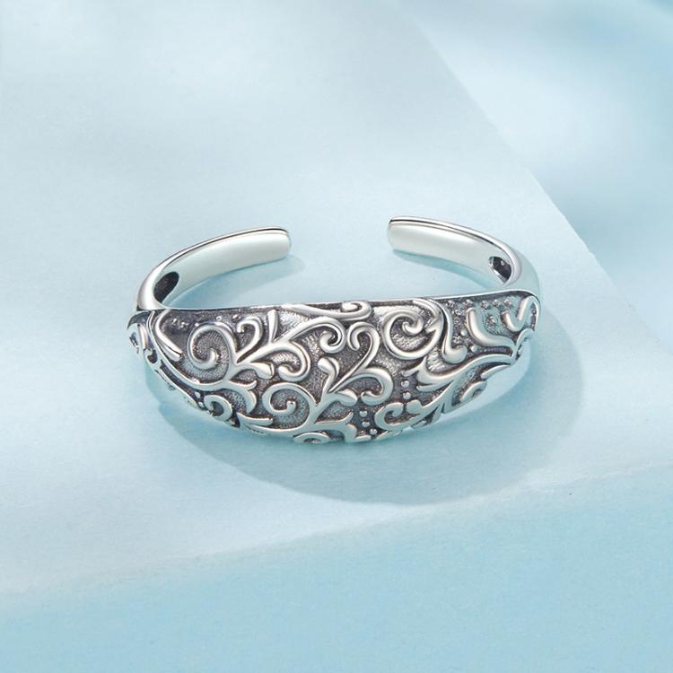 Bague ouverte ajustable en argent sterling 925 oxydé à motif rétro
