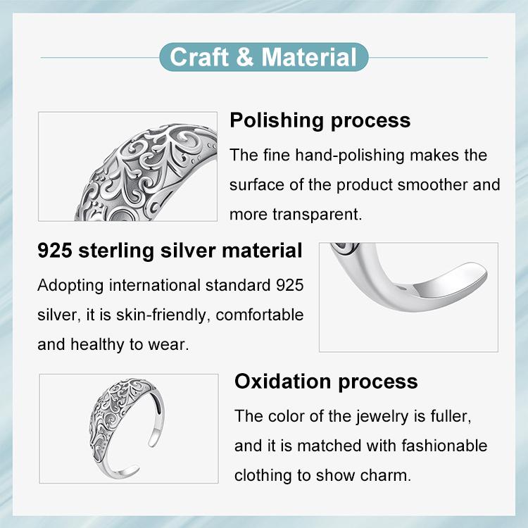 Bague ouverte ajustable en argent sterling 925 oxydé à motif rétro