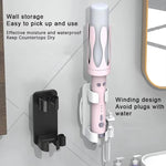 Support mural pour fer à friser avec pinces réglables et enrouleur de cordon intégré
