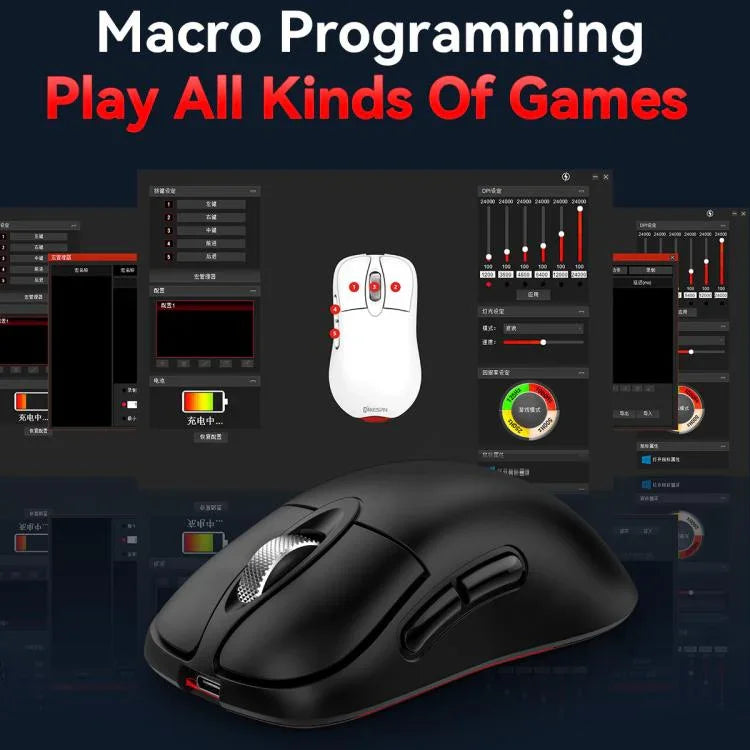 Souris de jeu sans fil tri-mode 24000 DPI, 6 modes d'éclairage RGB, rechargeable, macro programmable, noir, blanc, rose, noir avec charge sans fil, blanc avec charge sans fil, rose avec charge sans fil
