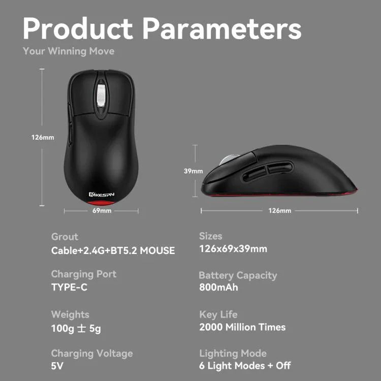 Souris de jeu sans fil tri-mode 24000 DPI, 6 modes d'éclairage RGB, rechargeable, macro programmable, noir, blanc, rose, noir avec charge sans fil, blanc avec charge sans fil, rose avec charge sans fil