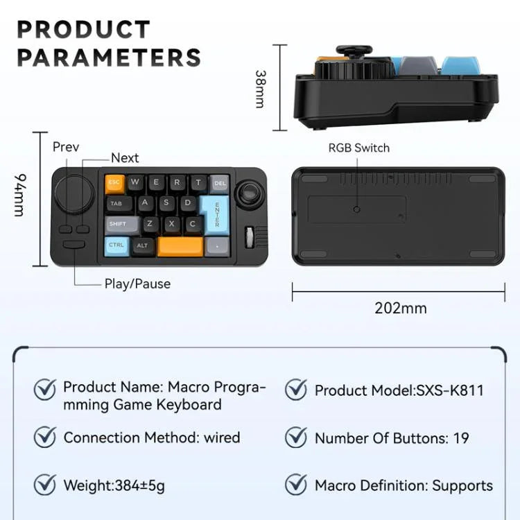 Clavier de jeu filaire USB-C MKESPN 19 touches macro programmable design échangeable à chaud avec molette de contrôle & joystick, K811 noir