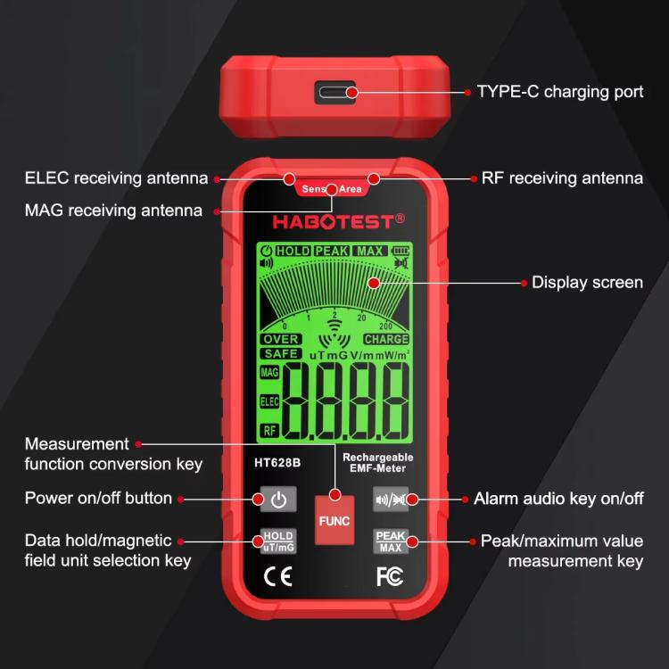 Testeur de rayonnement électromagnétique multifonction HABOTEST HT628B rechargeable, HT628B