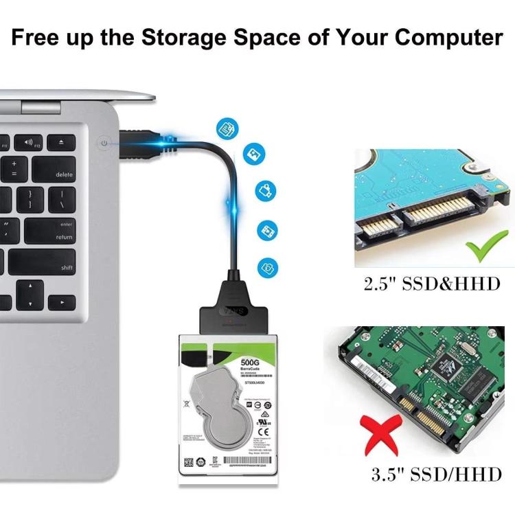 Câble adaptateur USB 3.0/USB-C vers SATA 22 broches pour disque dur/SSD d'ordinateur portable 2,5 pouces, 25 cm