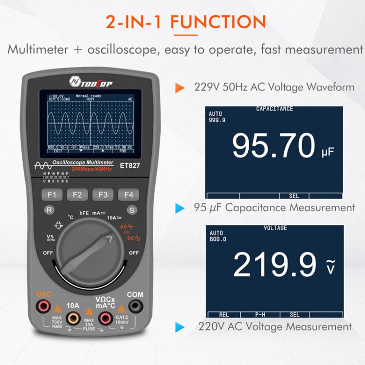 Oscilloscope multimètre 200Msps taux d'échantillonnage 40MHz Oscilloscope + multimètre 2 en 1, ET827