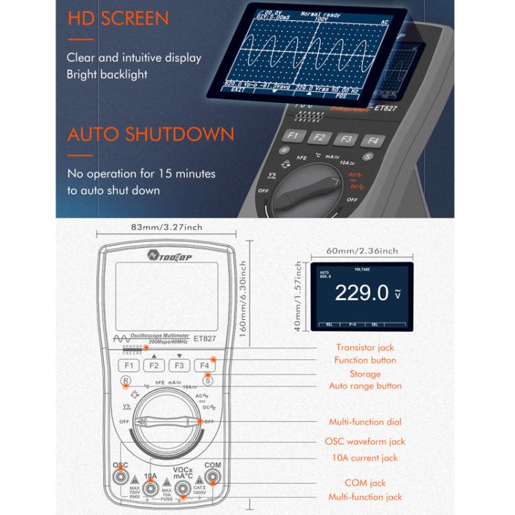 Oscilloscope multimètre 200Msps taux d'échantillonnage 40MHz Oscilloscope + multimètre 2 en 1, ET827