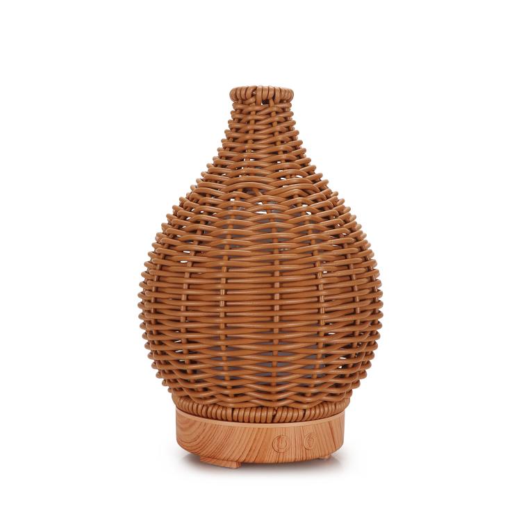 Diffuseur d'humidité et d'aromathérapie ultrasonique en rotin creux 100 ml avec lumières LED 7 couleurs, USB 5 V, prise UE 24 V