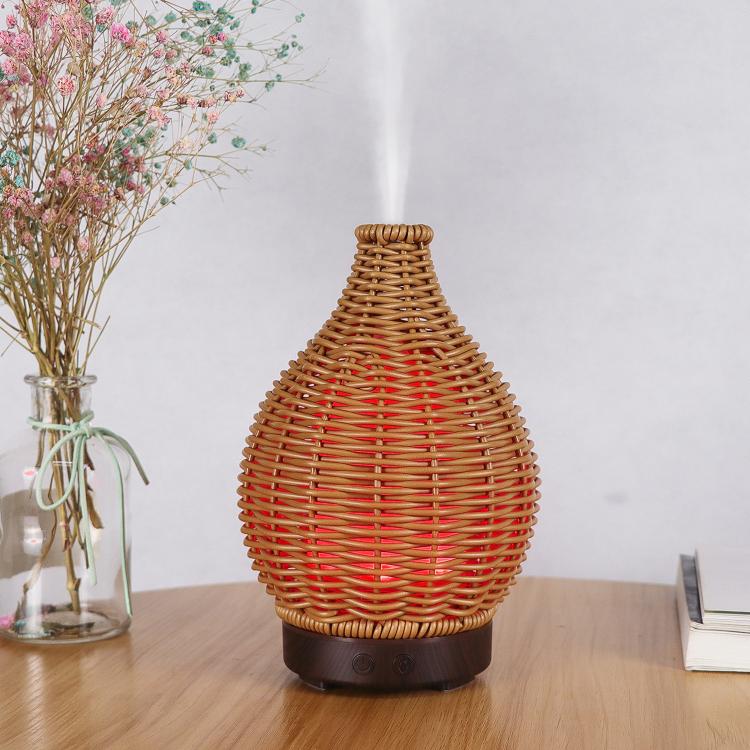 Diffuseur d'humidité et d'aromathérapie ultrasonique en rotin creux 100 ml avec lumières LED 7 couleurs, USB 5 V, prise UE 24 V