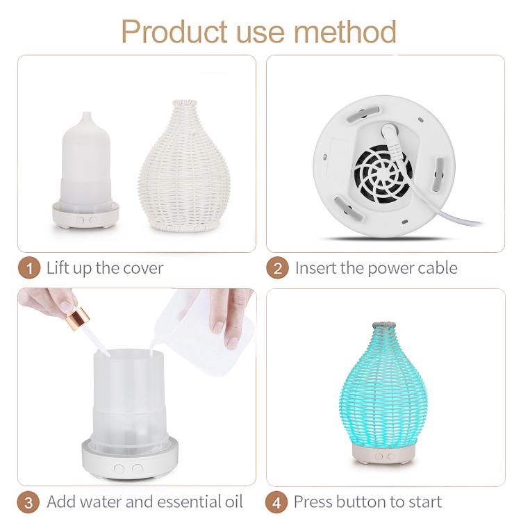 Diffuseur d'humidité et d'aromathérapie ultrasonique en rotin creux 100 ml avec lumières LED 7 couleurs, USB 5 V, prise UE 24 V