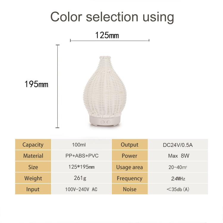 Diffuseur d'humidité et d'aromathérapie ultrasonique en rotin creux 100 ml avec lumières LED 7 couleurs, USB 5 V, prise UE 24 V