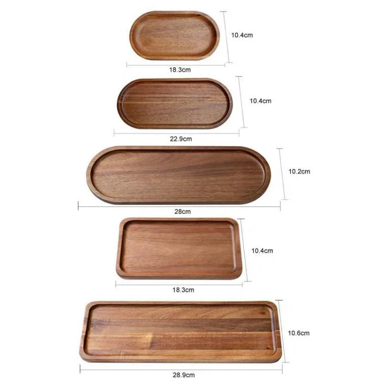 Plateau de thé en bois de cassia, assiette à fruits et desserts, Ellipse petit, Ellipse moyen, Ellipse grand, Carré petit, Carré grand