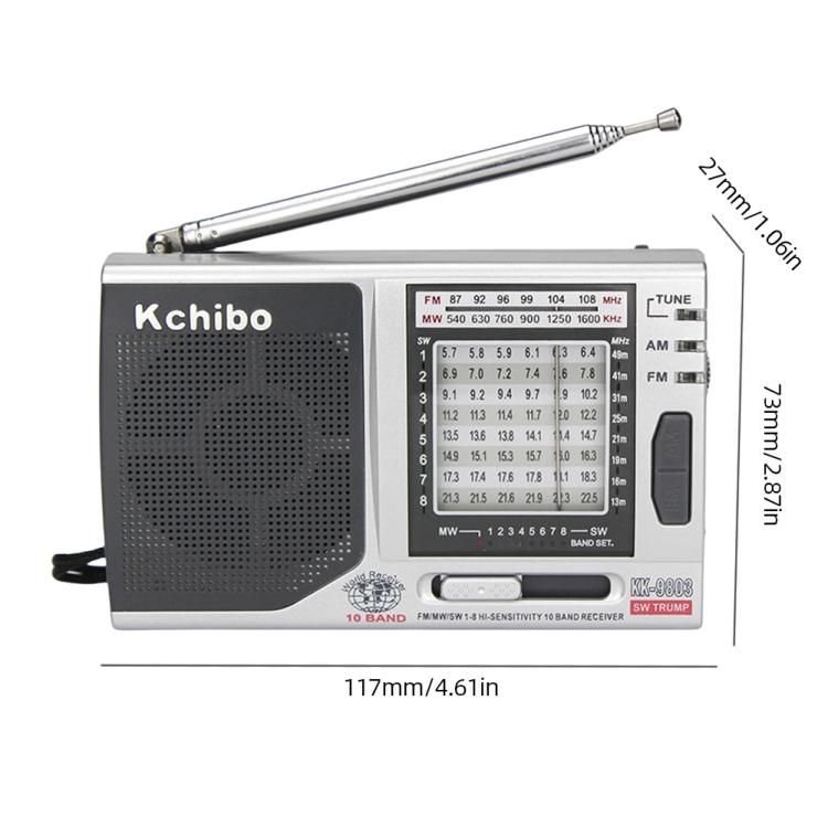 Radio portable Kchibo 10 bandes AM/FM/SW avec haut-parleur haute fidélité, récepteur mini multi-bandes compact, KK-9803