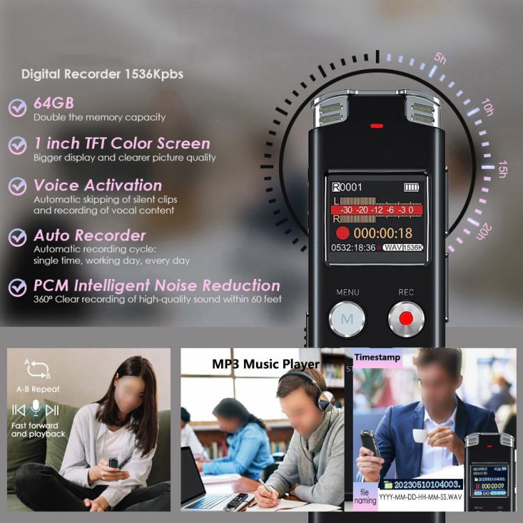 Enregistreur vocal numérique portable HD à réduction de bruit activé par la voix pour conférences, 64 Go, 128 Go