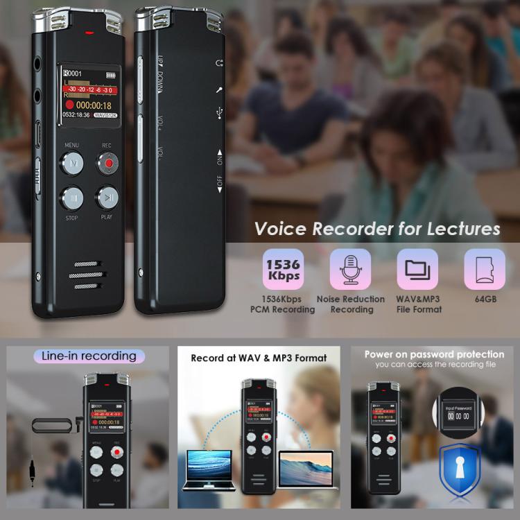 Enregistreur vocal numérique portable HD à réduction de bruit activé par la voix pour conférences, 64 Go, 128 Go