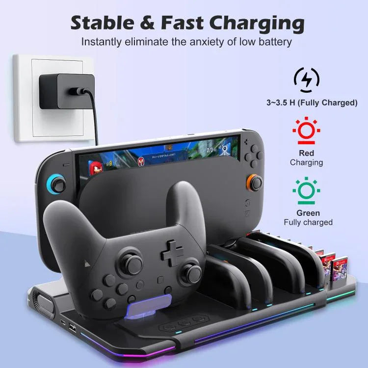 Pour Nintendo Switch 2 Station de Charge Multifonction avec Refroidissement, Éclairage RGB & Emplacements pour Cartes, SW2139