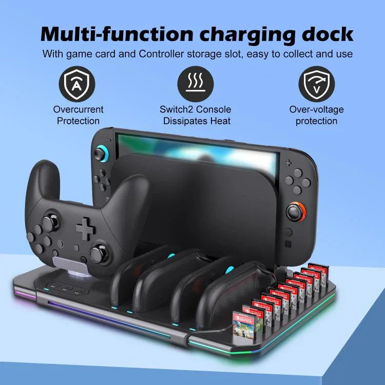 Pour Nintendo Switch 2 Station de Charge Multifonction avec Refroidissement, Éclairage RGB & Emplacements pour Cartes, SW2139