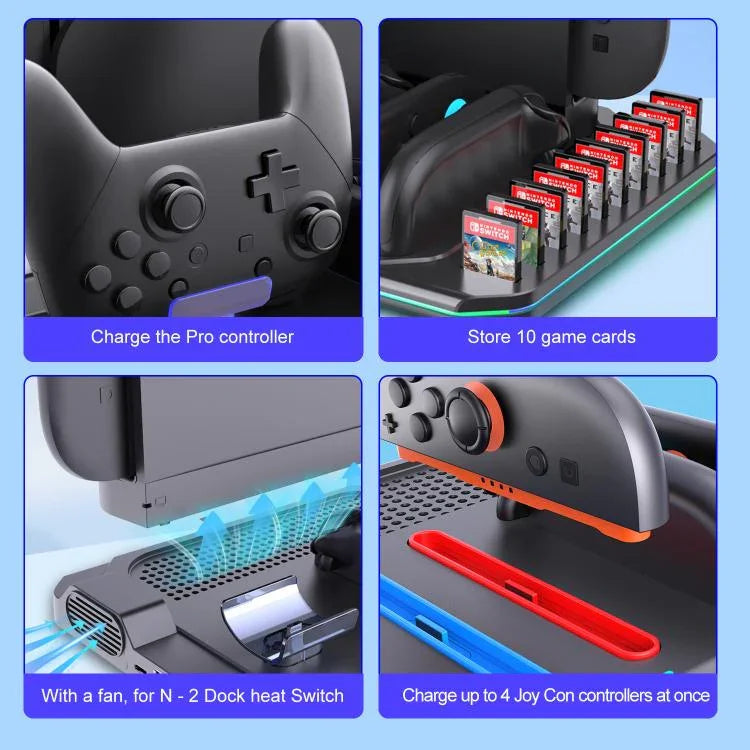 Pour Nintendo Switch 2 Station de Charge Multifonction avec Refroidissement, Éclairage RGB & Emplacements pour Cartes, SW2139