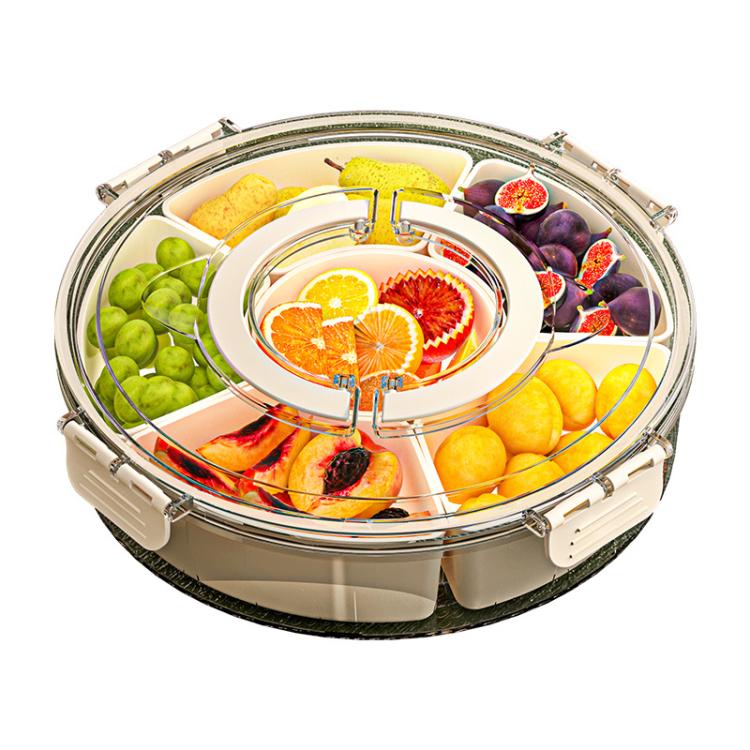 Plateau de collations rotatif à 360° avec 6 compartiments, poignée et couvercle hermétique – Récipient rond portable de conservation alimentaire pour fruits, noix, bonbons, 6 compartiments