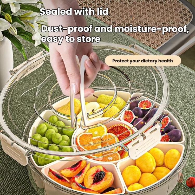 Plateau de collations rotatif à 360° avec 6 compartiments, poignée et couvercle hermétique – Récipient rond portable de conservation alimentaire pour fruits, noix, bonbons, 6 compartiments