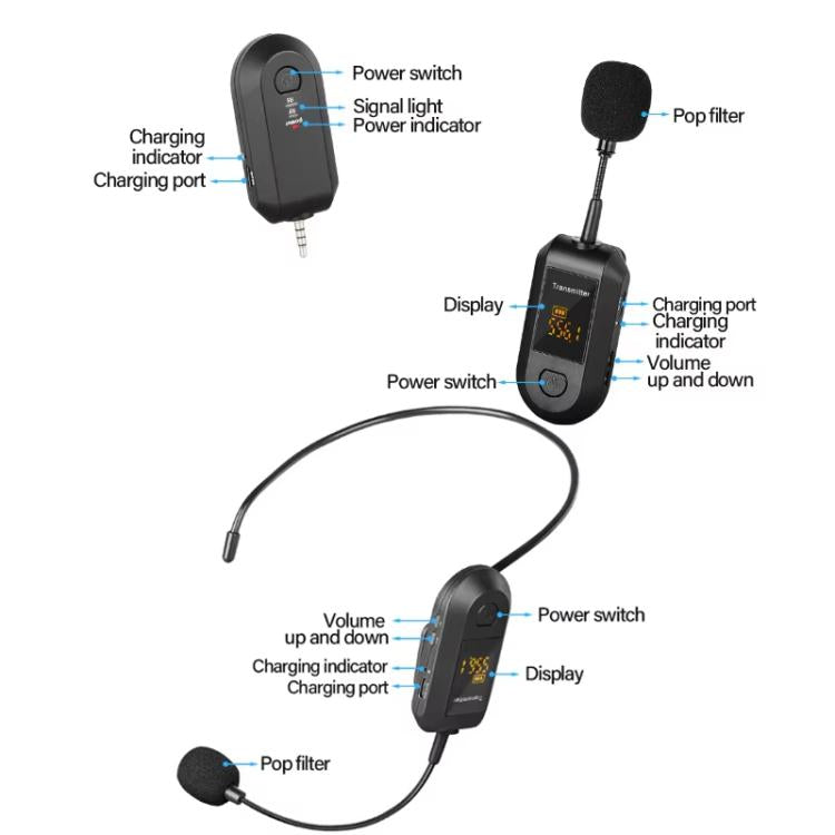 Amplificateur de microphone sans fil 2,4G portable, 1 en 1 clip cravate, 1 en 1 casque, 1 en 2 clip cravate, 1 en 2 casque