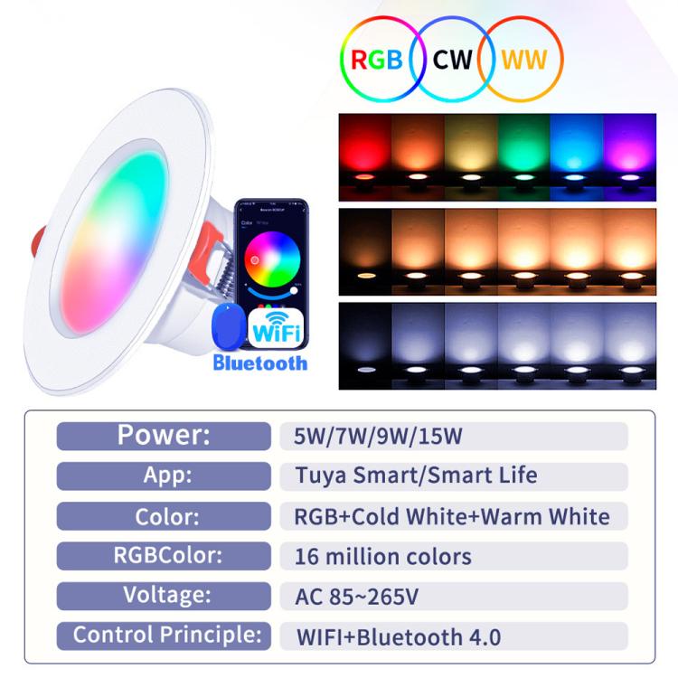 Compatible avec les spots encastrables intelligents Tuya WIFI & Bluetooth RGB+CW+WW, Dimmable, 5W 2.5inch, 7W 3.5inch, 10W 4inch, 15W 6inch