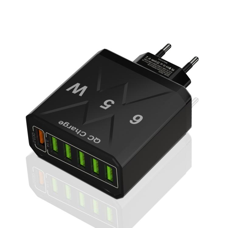 Chargeur de téléphone portable 6 ports USB 65W QC3.0 charge rapide, prise EU (Noir), prise EU (Blanc), prise US (Noir), prise US (Blanc), prise UK (Noir), prise UK (Blanc)