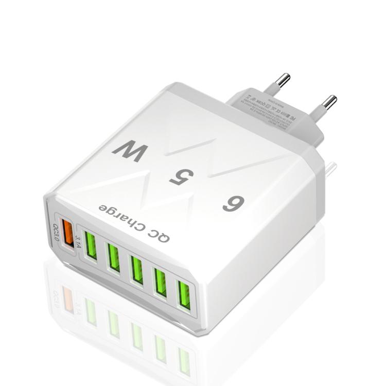 Chargeur de téléphone portable 6 ports USB 65W QC3.0 charge rapide, prise EU (Noir), prise EU (Blanc), prise US (Noir), prise US (Blanc), prise UK (Noir), prise UK (Blanc)