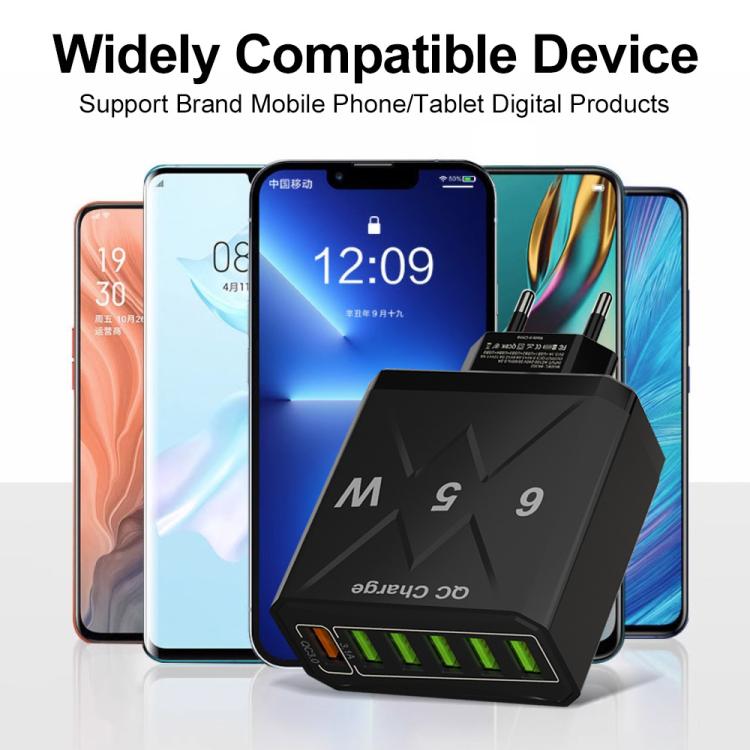 Chargeur de téléphone portable 6 ports USB 65W QC3.0 charge rapide, prise EU (Noir), prise EU (Blanc), prise US (Noir), prise US (Blanc), prise UK (Noir), prise UK (Blanc)