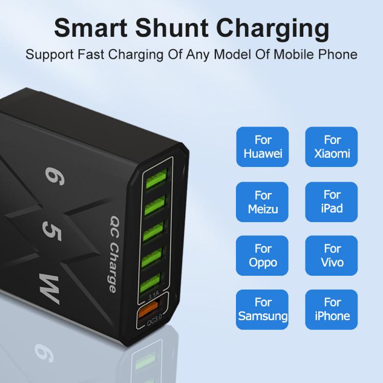 Chargeur de téléphone portable 6 ports USB 65W QC3.0 charge rapide, prise EU (Noir), prise EU (Blanc), prise US (Noir), prise US (Blanc), prise UK (Noir), prise UK (Blanc)