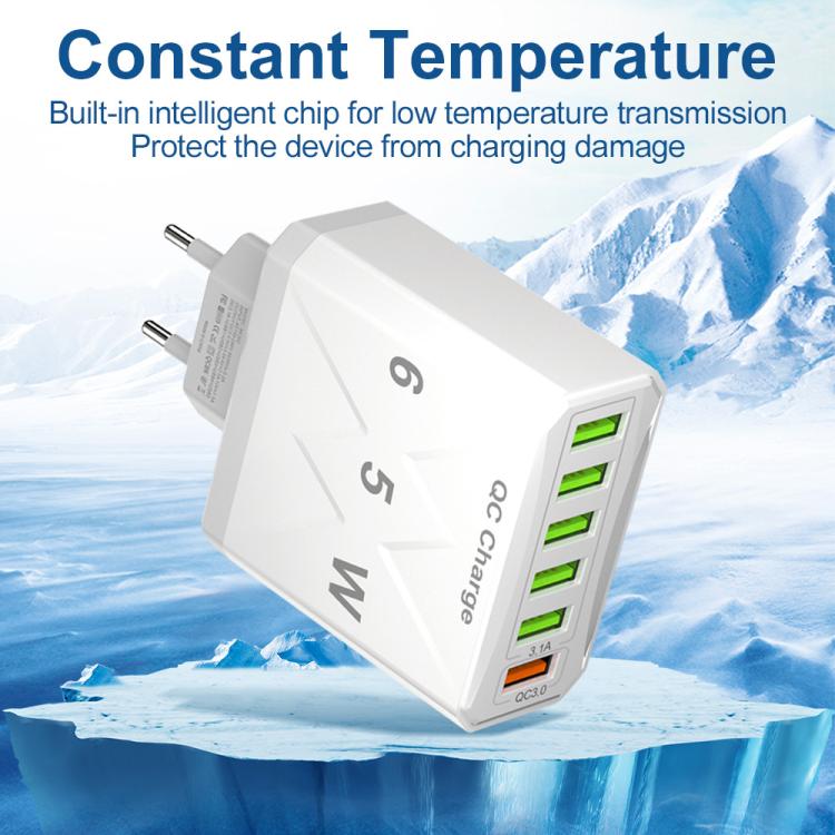 Chargeur de téléphone portable 6 ports USB 65W QC3.0 charge rapide, prise EU (Noir), prise EU (Blanc), prise US (Noir), prise US (Blanc), prise UK (Noir), prise UK (Blanc)