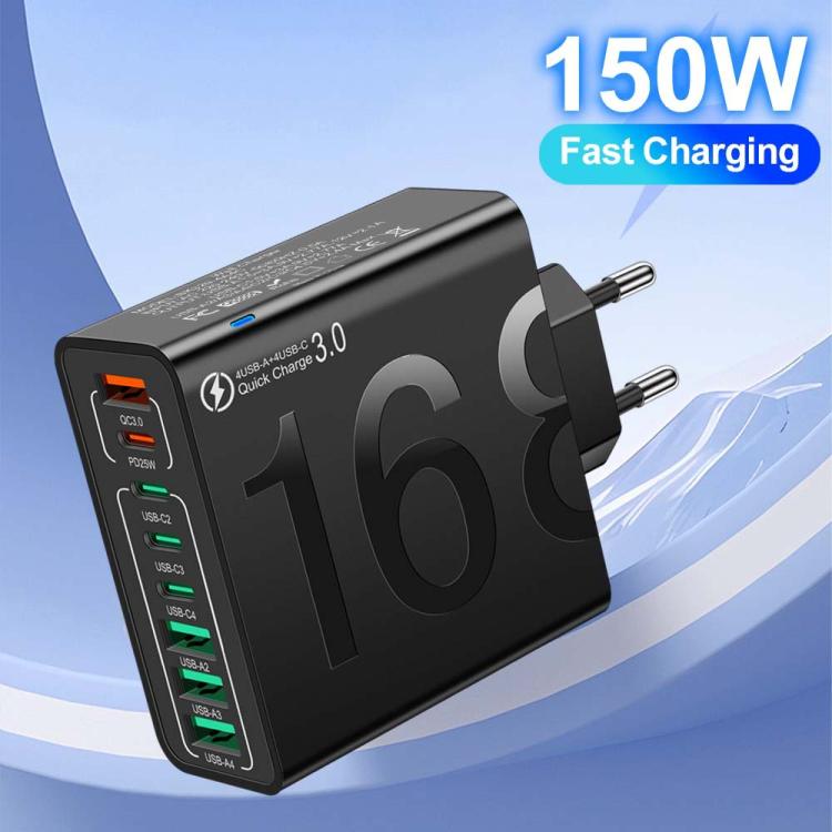 Chargeur de téléphone portable 8 interfaces 4USB+4Type-C 150W QC3.0 charge rapide, prise EU (Noir), prise EU (Blanc), prise EU (Jaune), prise US (Noir), prise US (Blanc), prise US (Jaune), prise UK (Noir), prise UK (Blanc), prise UK (Jaune)