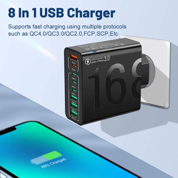 Chargeur de téléphone portable 8 interfaces 4USB+4Type-C 150W QC3.0 charge rapide, prise EU (Noir), prise EU (Blanc), prise EU (Jaune), prise US (Noir), prise US (Blanc), prise US (Jaune), prise UK (Noir), prise UK (Blanc), prise UK (Jaune)