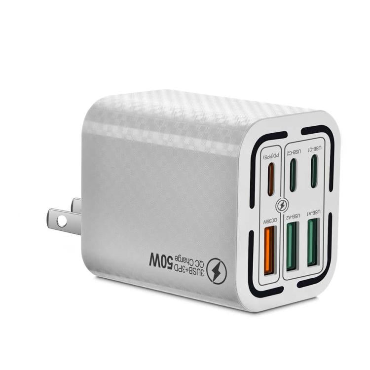 Chargeur de téléphone portable 6 ports 3USB+3Type-C 50W charge rapide, prise EU (Noir), prise EU (Blanc), prise EU (Jaune), prise US (Noir), prise US (Blanc), prise US (Jaune), prise UK (Noir), prise UK (Blanc), prise UK (Jaune)