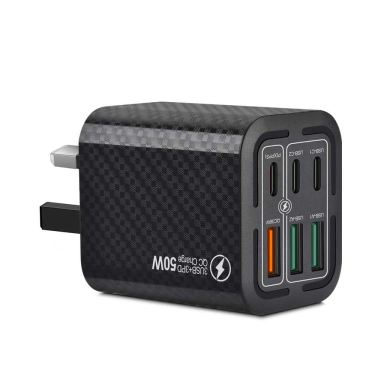 Chargeur de téléphone portable 6 ports 3USB+3Type-C 50W charge rapide, prise EU (Noir), prise EU (Blanc), prise EU (Jaune), prise US (Noir), prise US (Blanc), prise US (Jaune), prise UK (Noir), prise UK (Blanc), prise UK (Jaune)