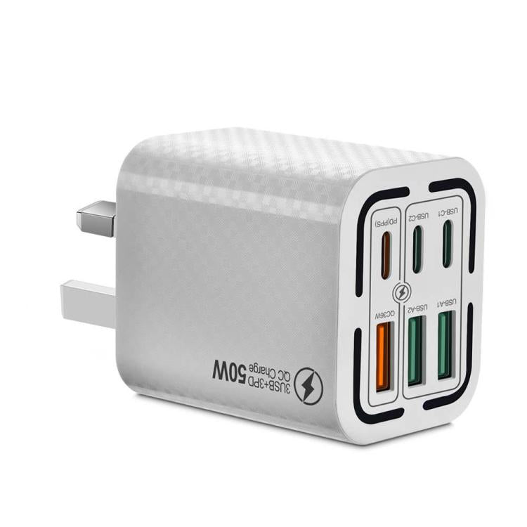 Chargeur de téléphone portable 6 ports 3USB+3Type-C 50W charge rapide, prise EU (Noir), prise EU (Blanc), prise EU (Jaune), prise US (Noir), prise US (Blanc), prise US (Jaune), prise UK (Noir), prise UK (Blanc), prise UK (Jaune)